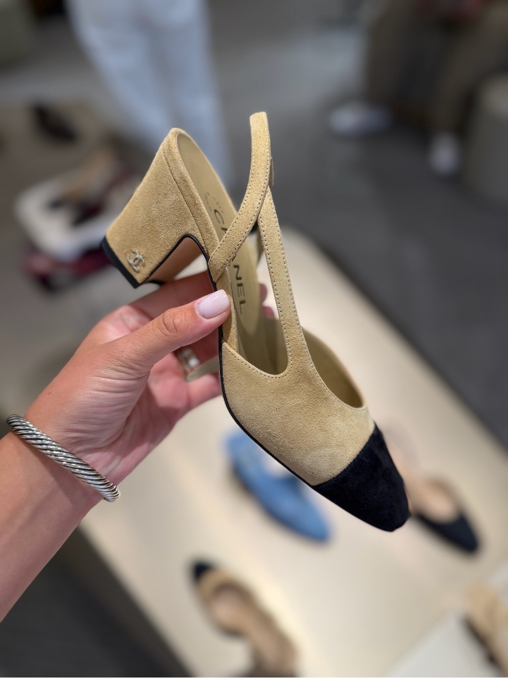 Chanel tan and black suede slingback pump